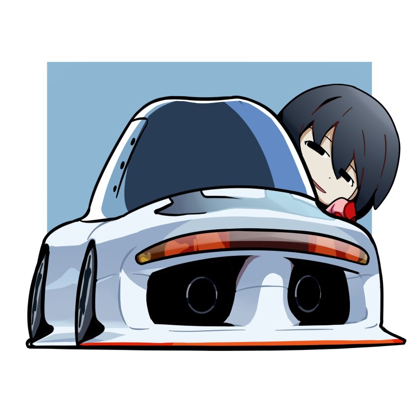 1girl absurdres black_eyes black_hair blue_background border car chibi commentary duz english_commentary from_behind highres looking_back mitsubishi_hsr-i mitsubishi_motors monogatari_(series) motor_vehicle oshino_ougi outside_border solo sports_car stance_(vehicle) vehicle_focus white_border