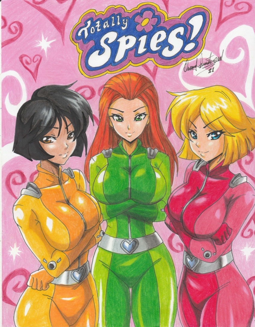 2021 3girls alex_(totally_spies) arms_under_breasts belt black_hair blonde_hair blue_eyes bodysuit breasts brown_eyes clover_(totally_spies) commission crossed_arms dark-skinned_female dark_skin green_bodysuit green_eyes heart heart_background highres large_breasts long_hair multiple_girls orange_hair pink_background pink_bodysuit ravernclouk_design sam_(totally_spies) short_hair spy totally_spies traditional_media yellow_bodysuit