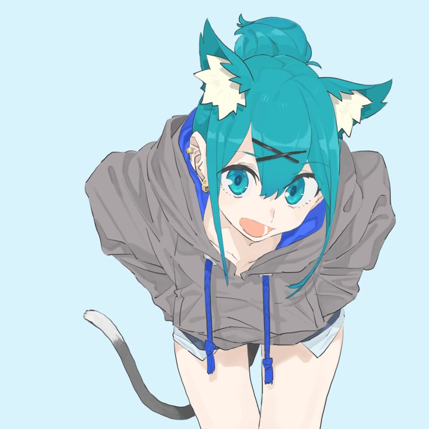 1girl :d animal_ears aqua_eyes aqua_hair blue_background cat_ears cat_tail commentary_request drawstring earrings eir_(machi) female_focus grey_hoodie hair_bun hair_ornament hands_in_pockets highres hood hood_down hoodie jewelry leaning_forward long_sleeves looking_at_viewer machi_(wm) open_mouth original pockets_visible short_shorts shorts sidelocks simple_background single_hair_bun smile solo tail x_hair_ornament