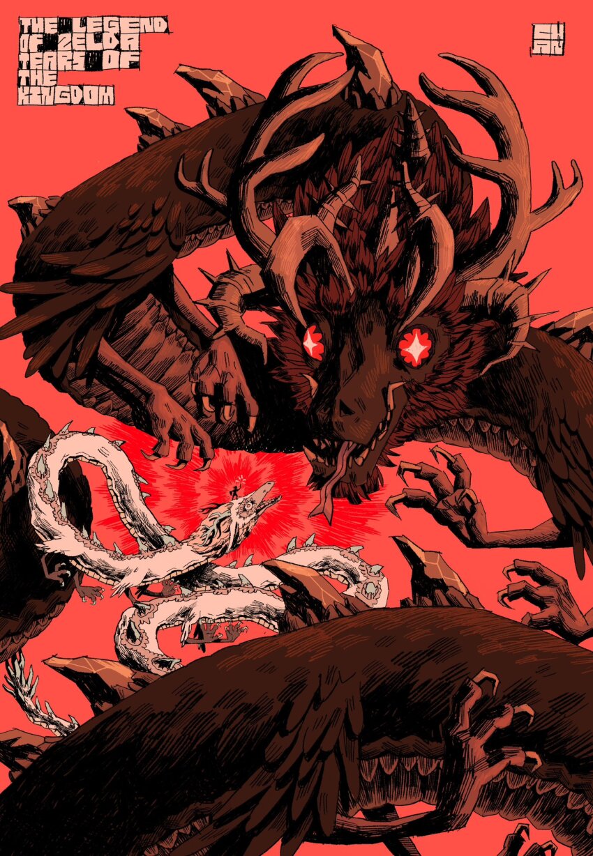1boy artist_logo artist_name chan_(flesh.png) claws dragon dragon_horns glowing glowing_eyes highres holding holding_sword holding_weapon horns light_dragon_(zelda) logo nintendo on_head red_background shield silhouette standing sword the_legend_of_zelda the_legend_of_zelda:_tears_of_the_kingdom weapon