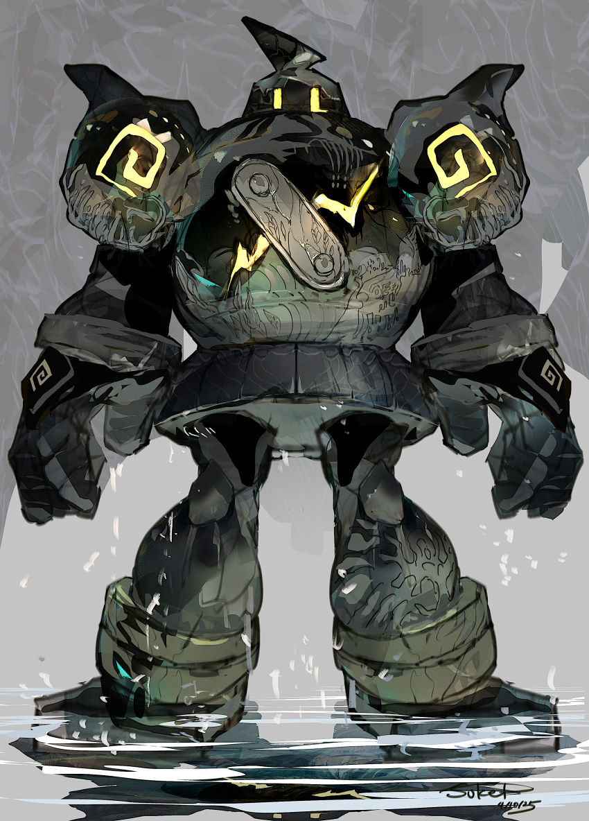 1other absurdres commentary_request gen_5_pokemon glowing golem golurk highres nintendo other_focus pokemon pokemon_(creature) puddle reflection standing standing_on_liquid sukepmonster water yellow_eyes