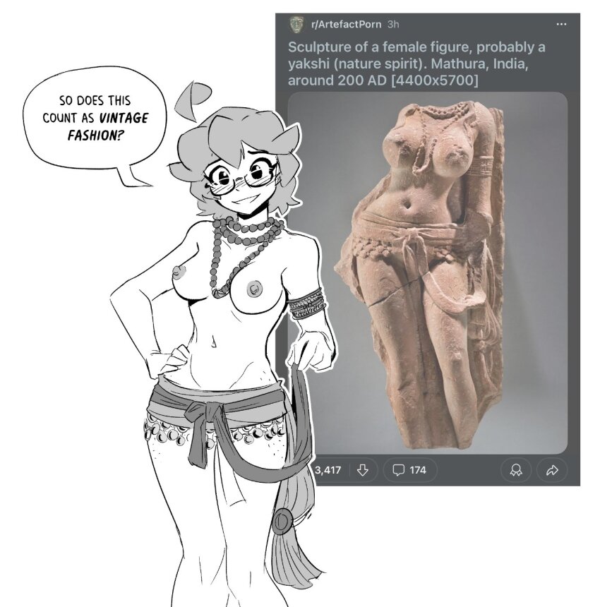 1girl ahoge ancient_indian_clothes blush breasts commentary cropped_legs eclair_(spicymancer) english_commentary english_text freckles glasses groin hand_on_own_hip highres jewelry looking_at_viewer medium_breasts meme navel nipples nose_blush original pelvic_curtain photo-referenced photo_inset reference_inset semi-rimless_eyewear smile speech_bubble spicymancer statue thighs topless_female under-rim_eyewear yakshi_statue_(meme)