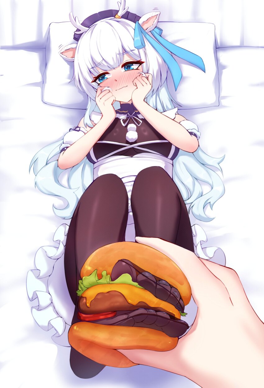 1girl 1other animal_ears antlers apron bed_sheet blue_eyes blue_ribbon blush breasts brown_pantyhose burger cgator closed_mouth commentary commission deer_antlers deer_ears deer_girl detached_sleeves embarrassed english_commentary eyelashes feet feet_in_food feet_up food foot_focus foreshortening frilled_apron frills full_moon gradient_hair hair_ribbon hakushika_iori hands_up hat highres horns long_hair lying maid_apron medium_breasts moon multicolored_hair no_shoes on_back out_of_frame pantyhose phase_connect pillow pov purple_hat ribbon second-party_source short_sleeves solo solo_focus toe_seam toes very_long_hair virtual_youtuber white_apron white_hair