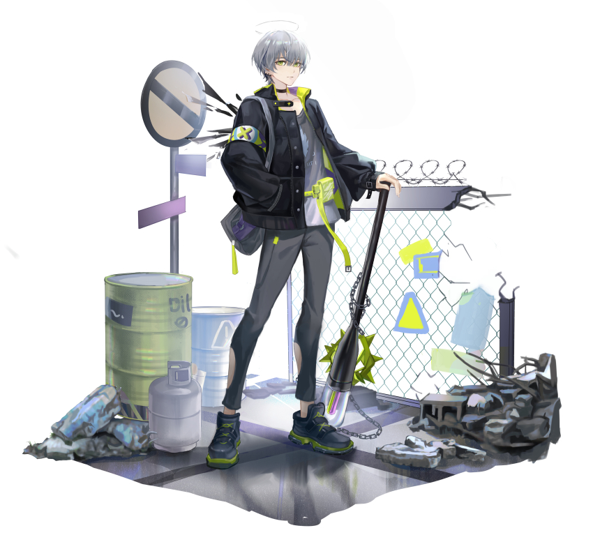 1boy absurdres aikou_echo arene_(arknights) arknights barbed_wire bishounen black_choker black_jacket black_wings chain chain-link_fence chinese_commentary choker cinder_block clothing_cutout collarbone commentary detached_wings drum_(container) earclip fanny_pack fence gas_cylinder gradient_clothes gradient_shirt green_bag green_eyes grey_bag grey_hair grey_pants grey_shirt grey_shoes hair_between_eyes halo hand_in_pocket highres holding holding_weapon jacket leg_cutout looking_at_viewer male_focus no_entry_sign open_clothes open_jacket pants reflective_floor road_sign rubble shirt shoes short_hair sign sneakers solo t-shirt tachi-e two-sided_fabric two-sided_jacket weapon wings