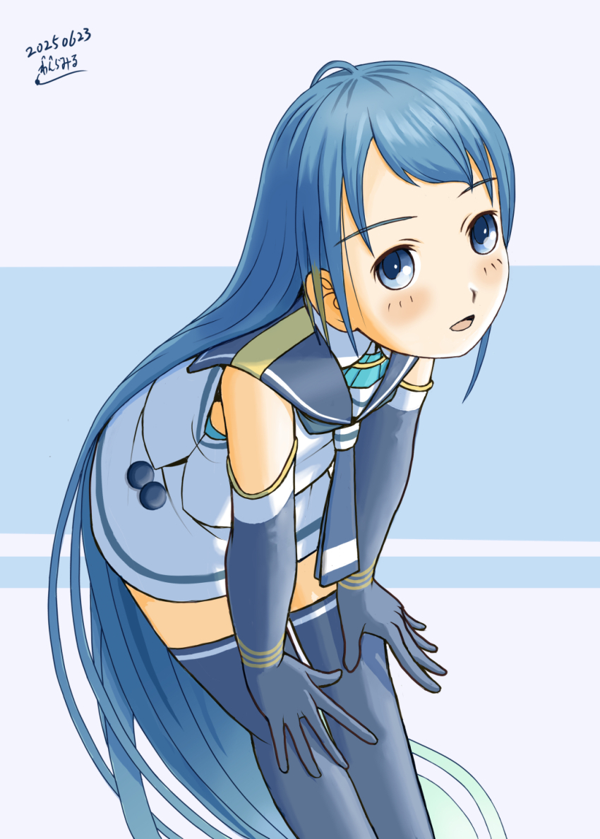 1girl artist_name black_gloves black_neckerchief black_sailor_collar black_thighhighs blue_background blue_eyes blue_hair blush dated elbow_gloves gloves gradient_hair highres kantai_collection long_hair looking_at_viewer multicolored_hair neckerchief open_mouth sailor_collar samidare_(kancolle) school_uniform serafuku shirt skirt sleeveless sleeveless_shirt smile solo thighhighs very_long_hair wanramiru white_background