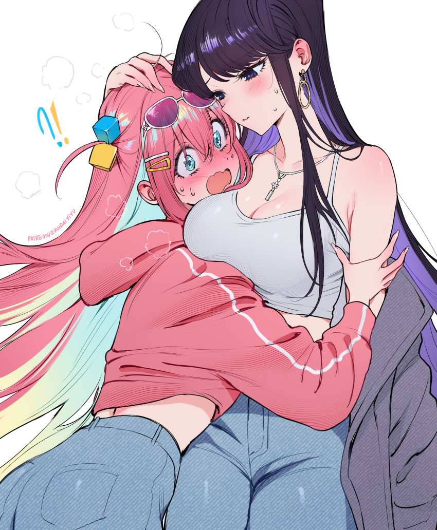2girls absurdres aqua_eyes blue_pants blush bocchi_the_rock! breasts camisole cleavage closed_mouth collarbone colored_inner_hair commentary_request crop_top crossover cube_hair_ornament denim earrings embarrassed eyewear_on_head gotoh_hitori grey_jacket hair_between_eyes hair_ornament heart highres hood hoodie hoop_earrings jacket jeans jewelry komi-san_wa_komyushou_desu komi_shouko large_breasts long_hair long_sleeves looking_at_another multicolored_hair multiple_girls necklace open_mouth paid_reward_available pants pink_hair pink_hoodie purple_eyes purple_hair qiandaiyiyu sidelocks simple_background sunglasses white-framed_eyewear white_background white_camisole yuri