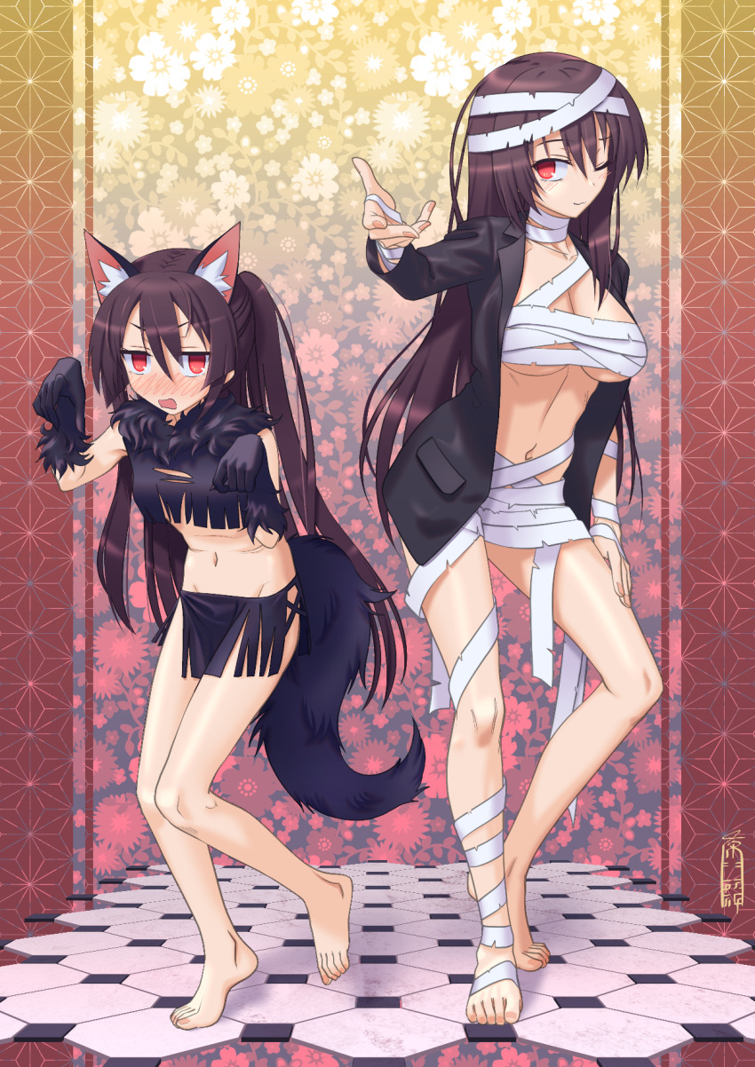 2girls ;) animal_ear_fluff animal_ears barefoot black_gloves black_jacket blush brown_hair chest_sarashi closed_mouth commentary_request commission dual_persona full_body gloves hair_between_eyes highres jacket long_hair long_sleeves looking_at_viewer midriff mix_tou multiple_girls navel nose_blush okuribi one_eye_closed open_clothes open_jacket open_mouth rance_(series) red_eyes sarashi skeb_commission smile standing tail wolf_ears wolf_girl wolf_tail