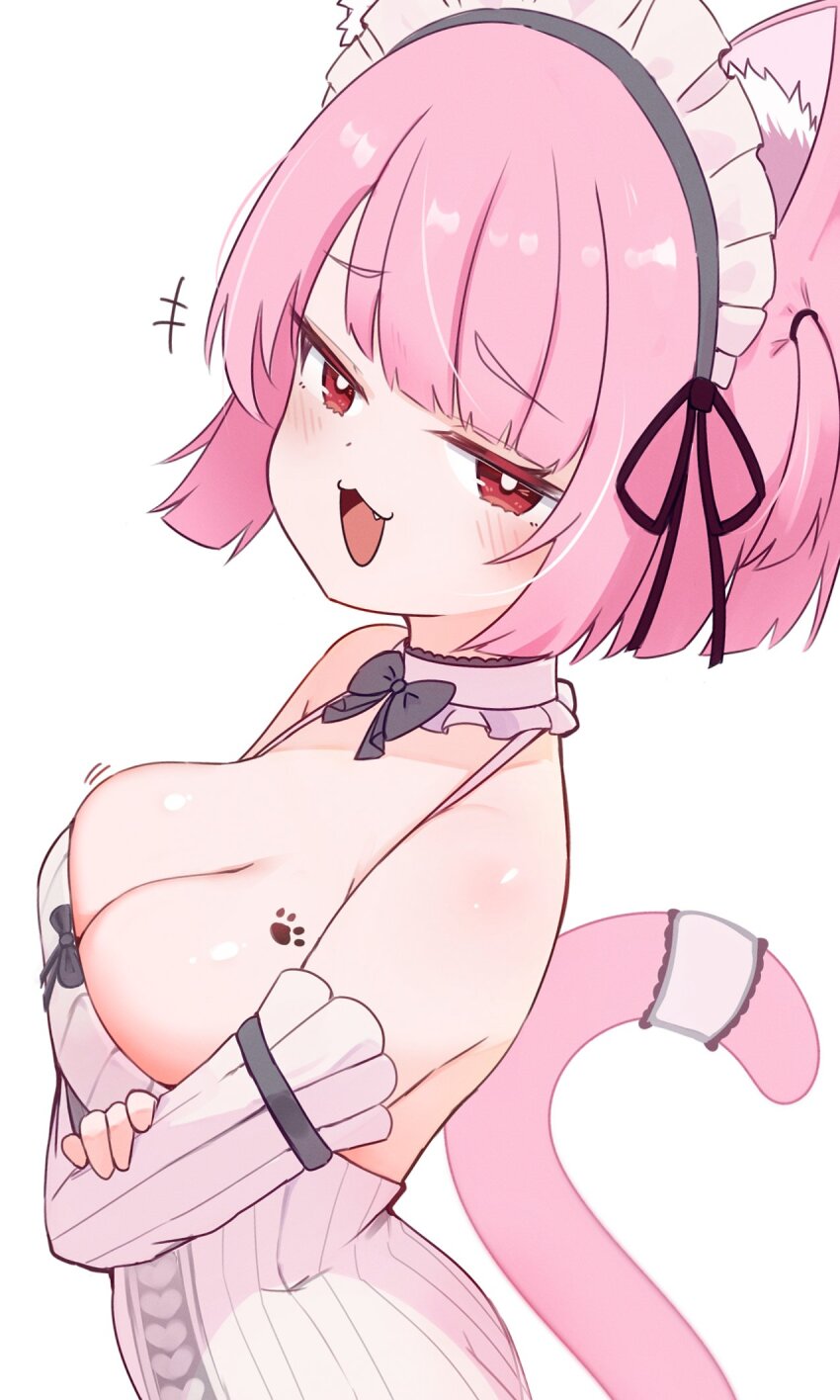 +++ 1girl :3 animal_ears bare_shoulders black_bow black_bowtie blush bow bowtie breast_tattoo breasts cat_ears cat_girl cat_tail choker cleavage crossed_arms detached_sleeves fang frilled_choker frills highres indie_virtual_youtuber large_breasts looking_at_viewer maid_headdress medium_hair mikeneko_(vtuber) milk_tea_1993 open_mouth paw_tattoo pink_eyes pink_hair ribbed_sleeves ribbed_sweater simple_background sleeveless sleeveless_sweater smile solo sweater tail tattoo two_side_up virtual_youtuber white_background white_choker white_sleeves white_sweater