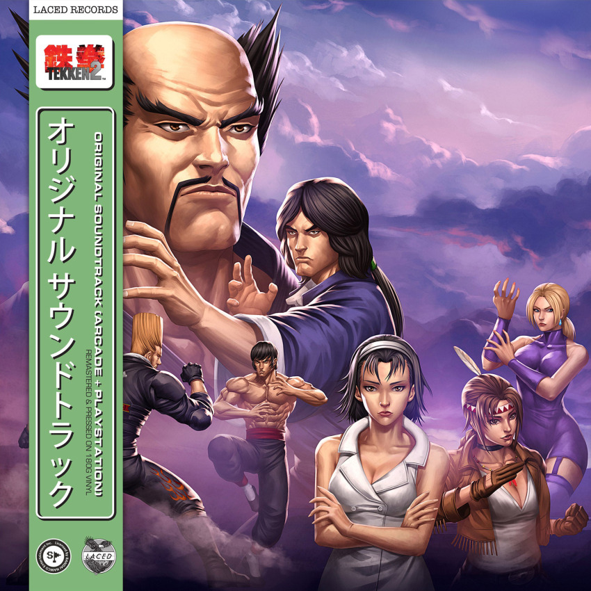 bald blue_sky cloud cloudy_sky copyright_name dxsinfinite earrings highres jewelry kazama_jun lei_wulong marshall_law michelle_chang mishima_heihachi namco native_american native_american_clothes nina_williams non-web_source official_art portrait record sky tekken tekken_2 topless_male