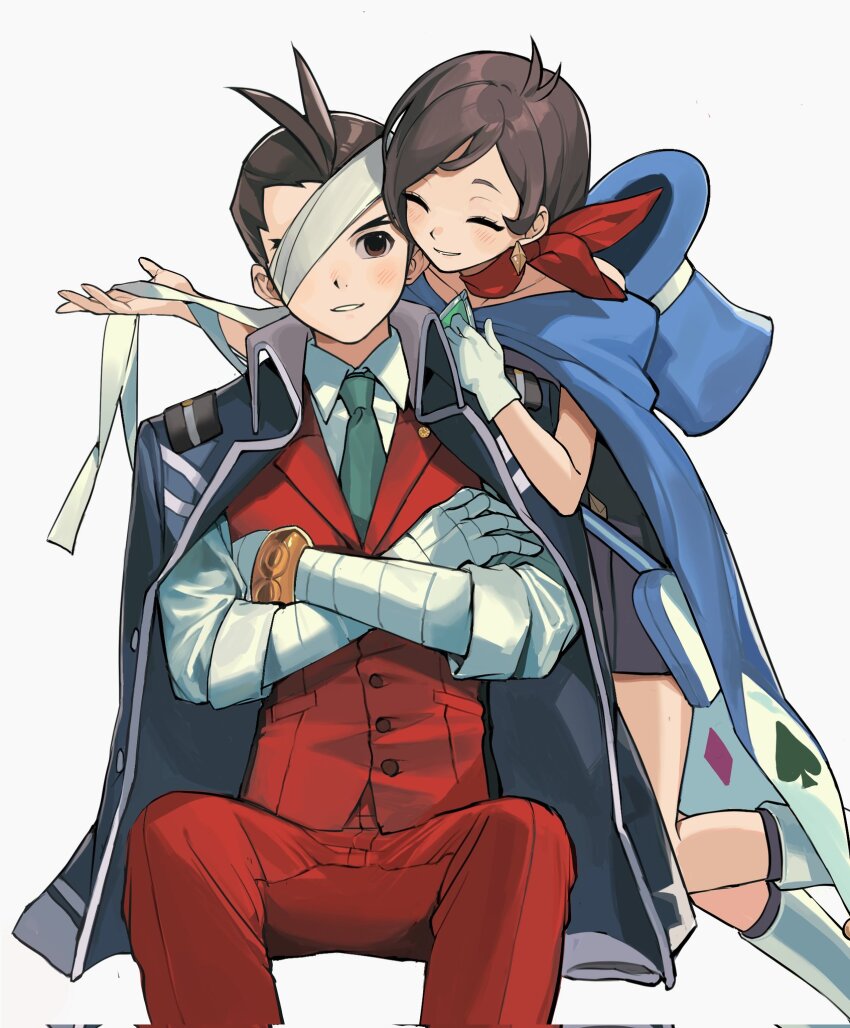 1boy 1girl ace_attorney apollo_justice bandaged_arm bandaged_hand bandaged_head bandages black_dress blue_hat blue_necktie blush boots brother_and_sister brown_eyes brown_hair cape closed_eyes coat coat_on_shoulders commentary_request corrupted_twitter_file diamond_earrings dress earrings gloves hat highres jewelry ketaku0404 necktie pants phoenix_wright:_ace_attorney_-_dual_destinies red_pants shirt siblings simple_background single_glove sitting top_hat trucy_wright white_boots white_gloves white_shirt