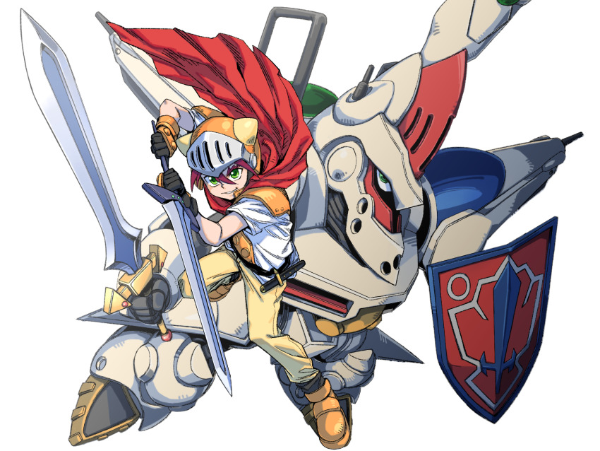 1boy adeu_warsam chales28ho fantasy green_eyes hair_between_eyes haou_taikei_ryuu_knight helmet highres holding holding_shield holding_sword holding_weapon looking_at_viewer male_focus mecha pants red_hair red_scarf robot scarf shield shirt smile sword weapon white_background white_shirt yellow_pants zephyr_(ryu_knight)