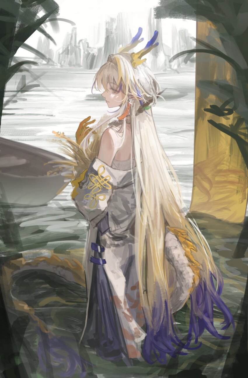 1girl absurdres arknights bare_shoulders blonde_hair blue_dress blue_hair blue_horns blue_tail boat chinese_clothes chinese_knot choppy_bangs colored_extremities colored_skin colored_tips dress eastern_dragon_horns eastern_dragon_tail eyeliner from_behind full_body grey_eyes hair_branch hair_intakes hair_ornament hair_stick highres holding holding_plant horns jacket kotowaza long_hair long_sidelocks long_sleeves looking_to_the_side makeup mountain mountainous_horizon multicolored_hair multicolored_horns multicolored_tail off_shoulder outdoors parted_lips plant pointy_ears red_eyeliner red_pupils red_ribbon ribbon ribbon_earrings shu_(arknights) sidelocks sketch_background sky sleeveless sleeveless_dress solo standing strapless strapless_dress streaked_hair tail tree two-tone_dress two-tone_horns very_long_hair water watercraft white_dress white_hair white_jacket white_sky white_tail yellow_horns yellow_skin yellow_tail