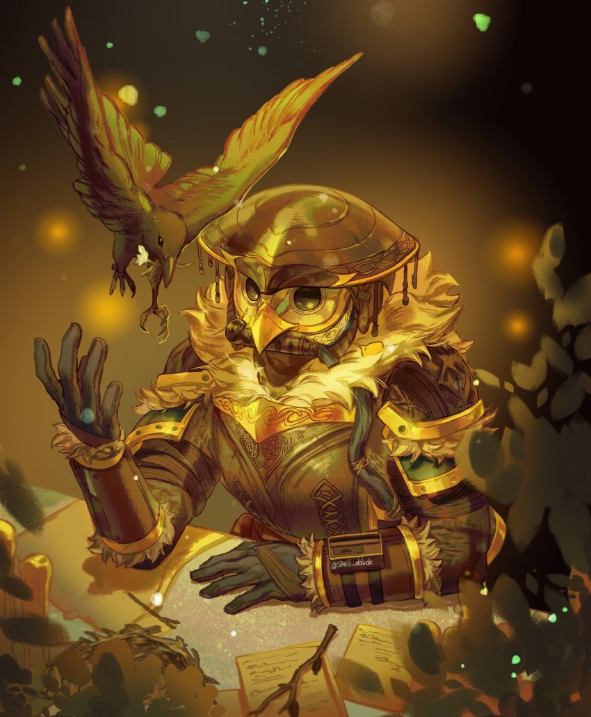 1other apex_legends armor bird black_eyes black_gloves bloodhound_(apex_legends) branch cable crow flower fur_trim gloves helmet highres in_mouth mask open_hand paper small_dduck solo twitter_username wise_warrior_bloodhound
