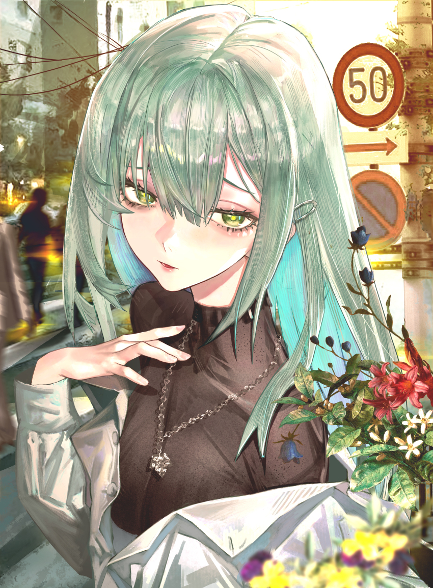 1girl 1other absurdres bang_dream! bang_dream!_it&#039;s_mygo!!!!! black_shirt breasts chinese_commentary commentary_request crosswalk green_eyes green_hair hair_between_eyes hand_on_own_chest highres jacket jewelry jin_sumire long_hair long_sleeves looking_at_viewer medium_breasts necklace off_shoulder parted_lips people road_sign shirt sidelocks sign solo_focus wakaba_mutsumi white_jacket