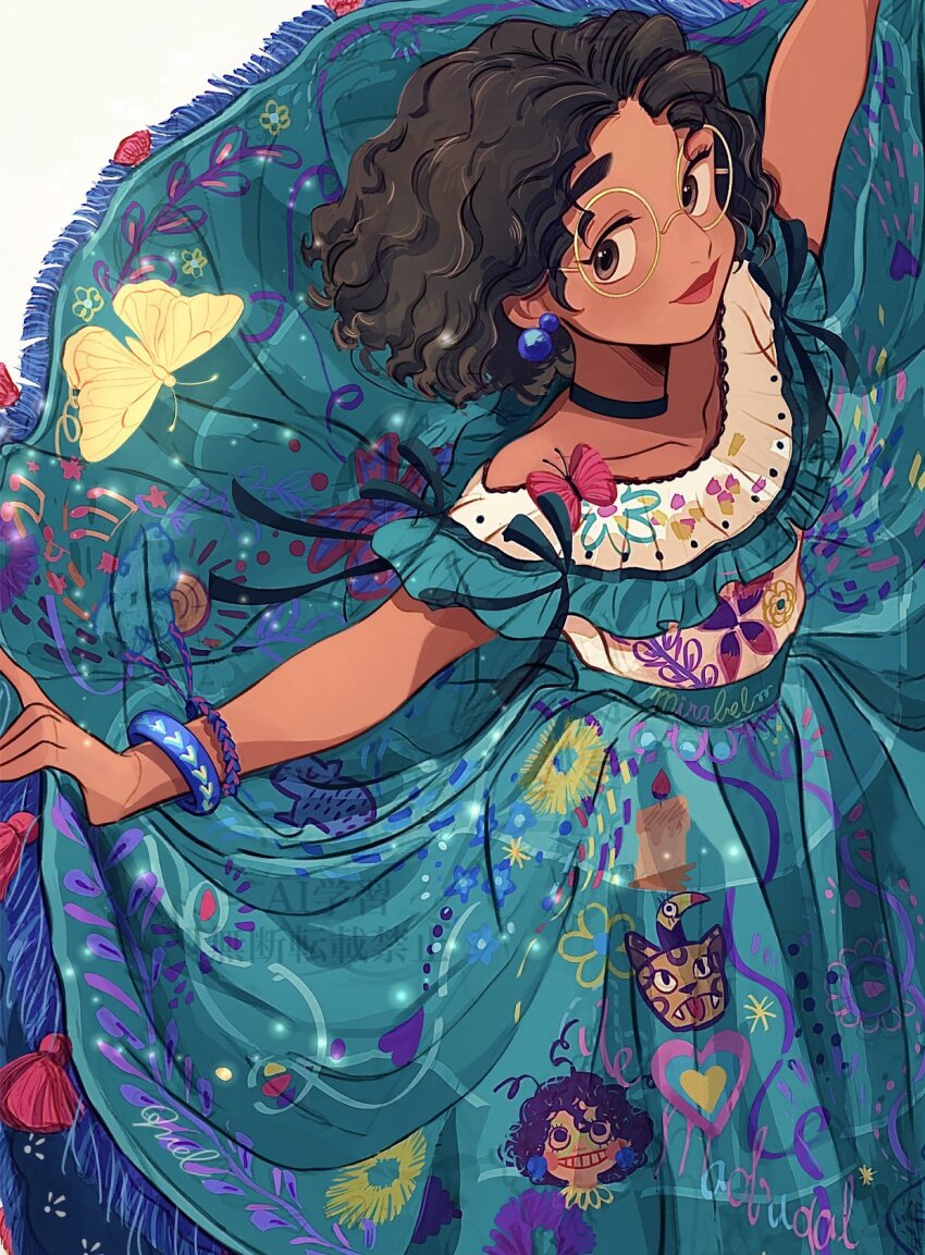 1girl aqua_skirt black_choker brown_eyes brown_hair choker dark-skinned_female dark_skin encanto glasses highres melchencanto mirabel_madrigal print_skirt round_eyewear shirt short_hair skirt white_shirt
