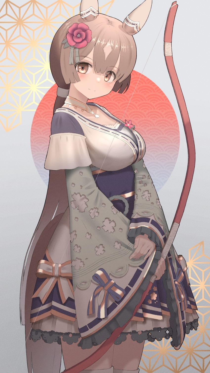 1girl animal_ears asa_no_ha_(pattern) blue_hakama blue_skirt blunt_sidelocks bow_(weapon) breasts brown_eyes brown_hair center-flap_bangs cowboy_shot double-parted_bangs ear_covers flower frilled_skirt frilled_sleeves frills green_kimono green_sleeves grey_background hair_between_eyes hair_flower hair_ornament hakama hakama_short_skirt hakama_skirt highres holding holding_bow_(weapon) holding_weapon horse_ears horse_girl horse_tail japanese_clothes kimono kimono_skirt layered_kimono layered_sleeves long_hair long_sleeves low_ponytail medium_breasts miniskirt multicolored_hair nsb36046_(na) official_alternate_costume official_alternate_hairstyle pleated_skirt ponytail satono_diamond_(floral_star_prosperous_green)_(umamusume) satono_diamond_(umamusume) short_kimono short_over_long_sleeves short_sleeves sidelocks skirt sleeveless sleeveless_kimono solo streaked_hair tail thighhighs umamusume very_long_hair weapon white_kimono white_thighhighs wide_sleeves yumi_(bow) zettai_ryouiki