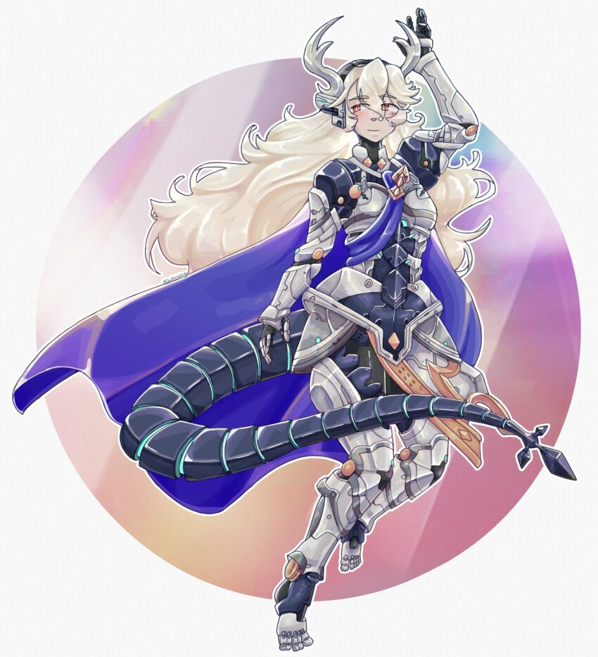 1girl android armor armored_leotard black_hairband black_leggings blue_cape blush breasts cape closed_mouth dragon_girl dragon_horns female_corrin_(fate_dragon)_(fire_emblem) female_corrin_(fire_emblem) fire_emblem fire_emblem_fates fire_emblem_shadows gloves grey_hair hair_between_eyes hairband highres horns leggings leotard long_hair mechanical_arms mechanical_hands mechanical_legs mechanical_tail nintendo occultoctoling red_eyes robot robot_girl small_breasts smile solo tail very_long_hair