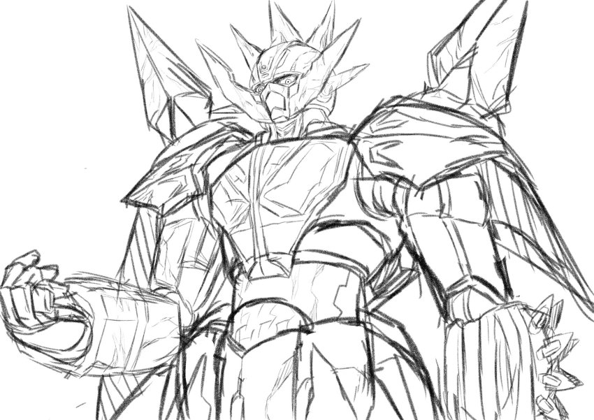 akashi_ma drill fusion getter_dragon getter_robo getter_robo_g greyscale gundam highres looking_down mecha mecha_focus monochrome no_humans open_hand robot sketch solo super_robot turn_a_gundam turn_a_gundam_(mobile_suit)