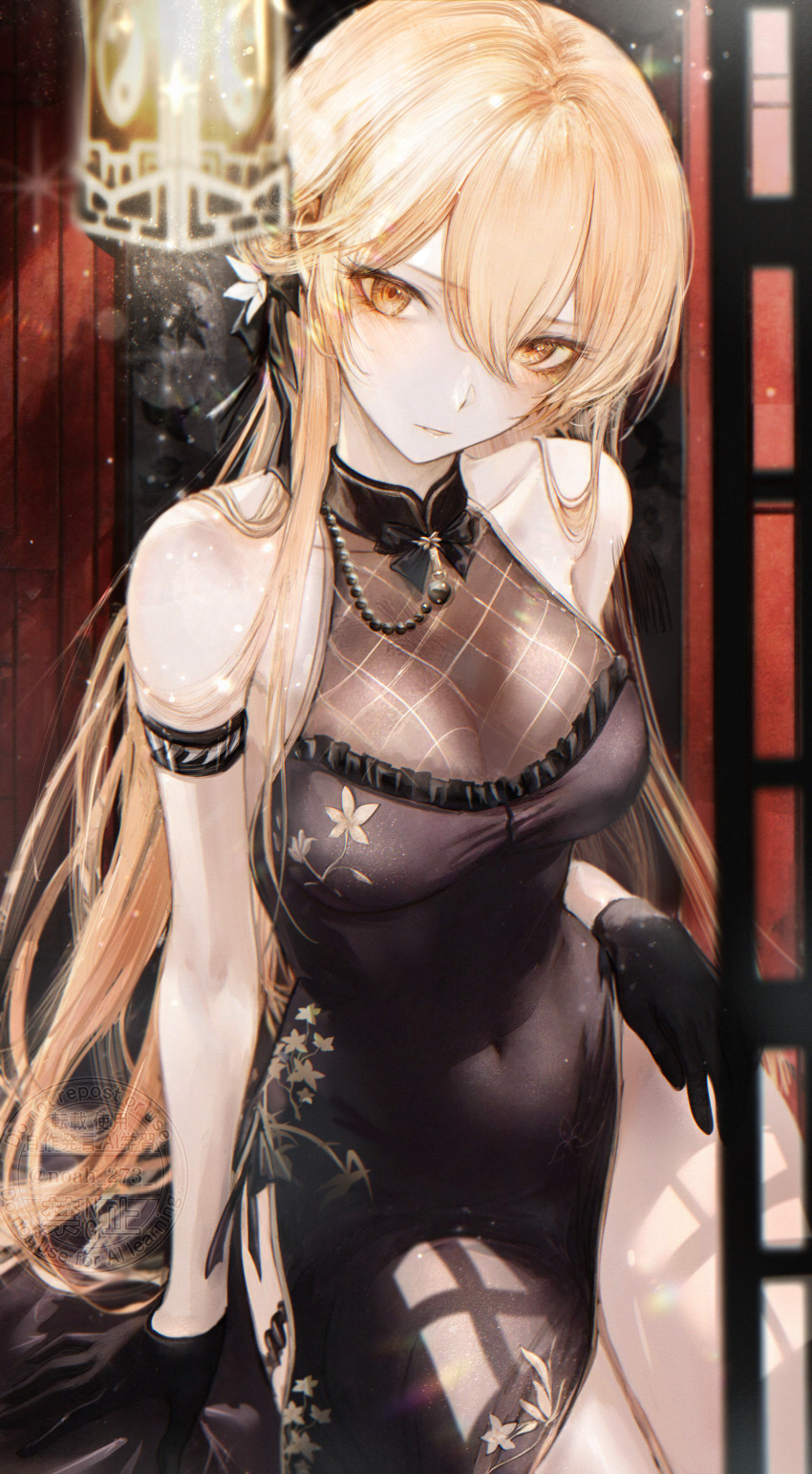 1girl absurdres arm_support armband bare_shoulders black_dress black_gloves blonde_hair china_dress chinese_clothes closed_mouth commentary covered_navel dress floral_print_dress girls&#039;_frontline girls&#039;_frontline_2:_exilium gloves groza_(girls&#039;_frontline_2) hair_between_eyes highres light_particles long_hair looking_at_viewer official_alternate_costume ots-14_(girls&#039;_frontline) ots-14_(sangria_succulent)_(girls&#039;_frontline) pelvic_curtain print_dress renoahh sitting sleeveless sleeveless_dress solo thighs yellow_eyes