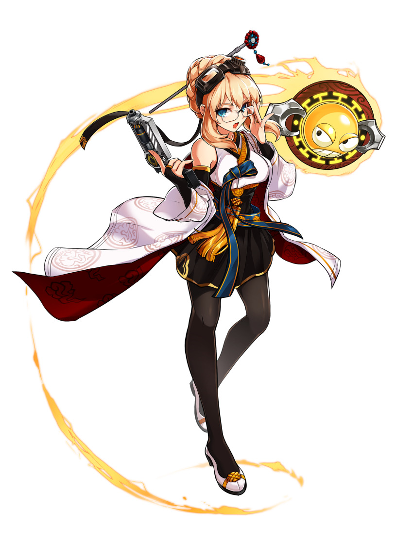 1girl adjusting_eyewear armlet artist_request black_corset black_pantyhose black_skirt blonde_hair blue_eyes braid clenched_teeth coattails corset crown_braid detached_sleeves determined elsword eyelashes floating_clothes floating_hair full_body glasses gun hair_bun handgun high_heels highres holding holding_gun holding_weapon jewelry long_sleeves looking_at_viewer miniskirt official_art open_mouth pantyhose pleated_skirt pumps rose_(elsword) second-party_source shirt shoes short_hair_with_long_locks single_hair_bun skirt sleeveless sleeveless_shirt solo standing sun tachi-e teeth transparent_background updo v-shaped_eyebrows weapon white_shirt white_shoes