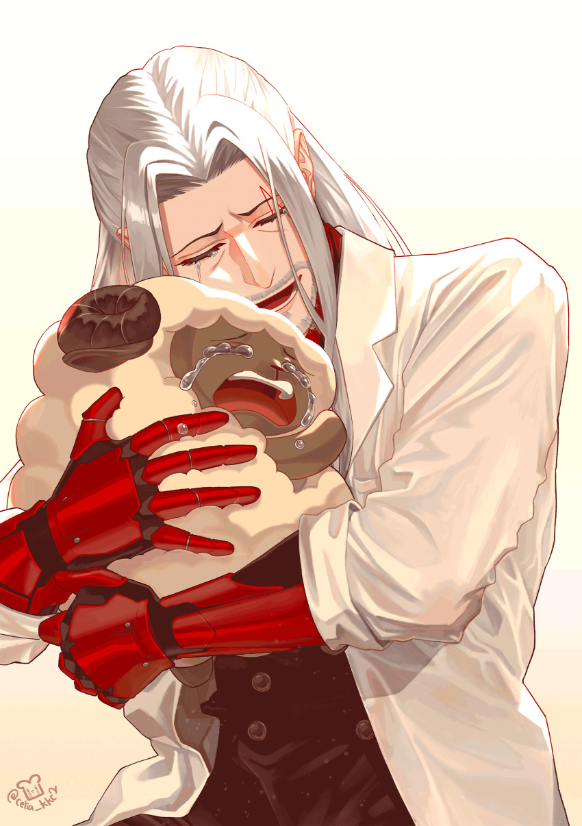 1boy absurdres beard celiakua closed_eyes comfydant_(fulgur_ovid) crying cyborg facial_hair facial_mark fulgur_ovid fulgur_ovid_(3rd_costume) highres hug lab_coat long_hair nijisanji nijisanji_en sheep sobbing twitter_username virtual_youtuber white_hair