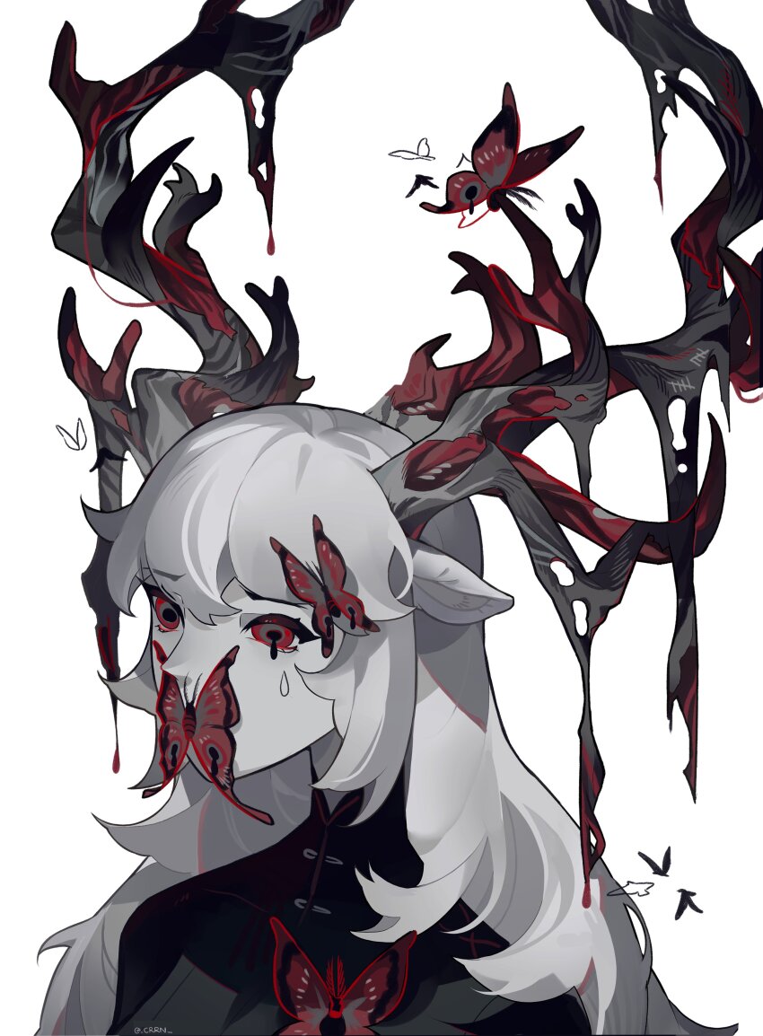1girl absurdres animal_ears antlers artist_name bug butterfly colored_skin commentary crrn crying crying_with_eyes_open deer_ears deer_girl english_commentary grey_eyes grey_hair grey_skin highres horns insect long_hair melting_eyes multicolored_eyes muted_color original portrait red_eyes shedding simple_background solo tears twitter_username white_background