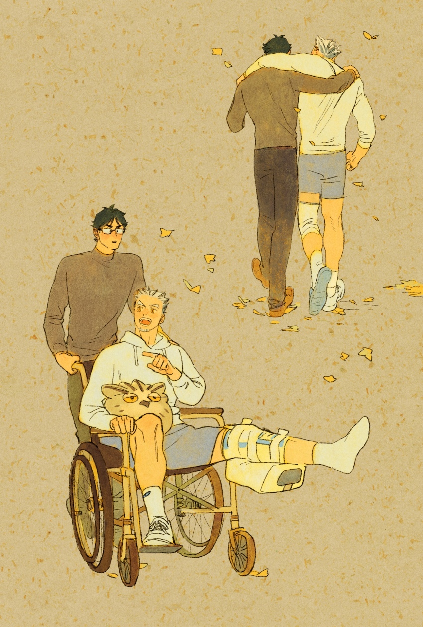 2boys absurdres akaashi_keiji ankle_socks arm_around_shoulder autumn_leaves black_hair bokuto_koutarou brown_background brown_footwear brown_pants brown_sweater chengongzi123 commentary facial_hair facing_away full_body glasses goatee grey_hair haikyuu!! hand_up highres hood hoodie knee_brace leaf long_sleeves looking_to_the_side multicolored_hair multiple_boys open_mouth pants pointing shoes short_hair shorts simple_background single_shoe sitting sneakers socks streaked_hair stuffed_animal stuffed_bird stuffed_owl stuffed_toy sweater symbol-only_commentary turtleneck turtleneck_sweater very_short_hair walking wheelchair yellow_eyes