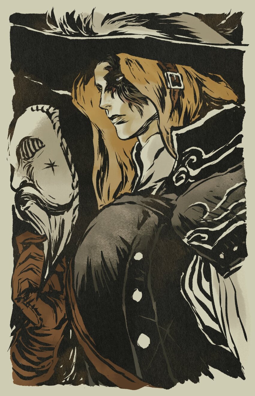 1girl absurdres blonde_hair brown_gloves buttons closed_mouth curtained_hair dark_souls_(series) dark_souls_ii double-breasted from_side gloves hat highres holding holding_mask looking_to_the_side lucatiel_of_mirrah mask messer33 ornate_clothes plume solo upper_body