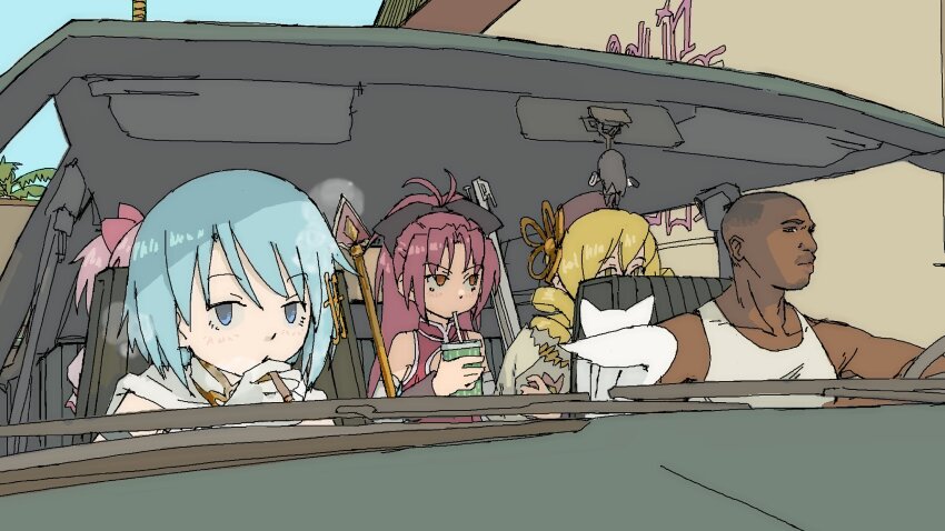 1boy 4girls absurdres akemi_homura bald blonde_hair blue_eyes blue_hair bow cape car_interior car_seat carl_johnson character_charm charm_(object) drill_hair drink drinking drinking_straw driving gloves grand_theft_auto grand_theft_auto:_san_andreas hair_bow hair_ornament highres holding holding_drink kaname_madoka kaname_madoka_(magical_girl) kyubey left-hand_drive long_hair magical_girl mahou_shoujo_madoka_magica medium_hair miki_sayaka miki_sayaka_(magical_girl) multiple_girls pantsu-ripper pink_hair polearm ponytail red_eyes red_hair rockstar sakura_kyoko sakura_kyoko_(magical_girl) smoking spear tank_top tomoe_mami tomoe_mami_(magical_girl) twin_drills twintails weapon white_tank_top yellow_eyes
