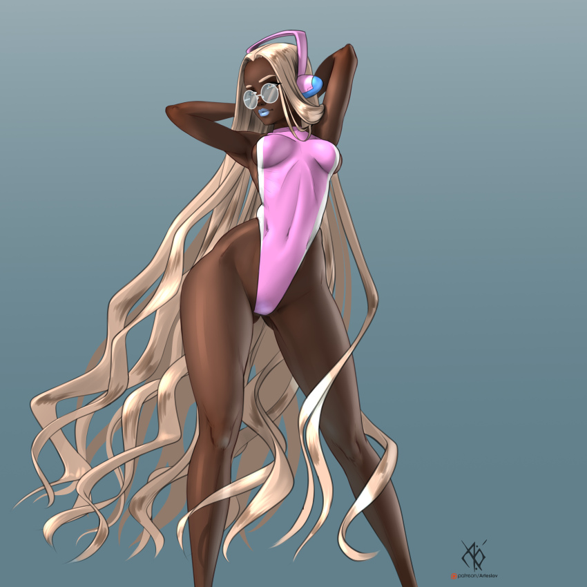 1girl absurdres armpits arms_behind_head arteslav athma_(arteslav) blonde_hair blue-tinted_eyewear blue_lips breasts brown_eyes contrapposto covered_navel dark-skinned_female dark_skin feet_out_of_frame forehead gluteal_fold headphones highleg highleg_one-piece_swimsuit highres knees linea_alba lipstick long_hair looking_afar makeup medium_breasts nose one-piece_swimsuit original paid_reward_available pink_one-piece_swimsuit pinup_(style) round_eyewear sideboob solo standing swimsuit thighs tinted_eyewear very_dark_skin very_long_hair white-framed_eyewear wide_hips wireless