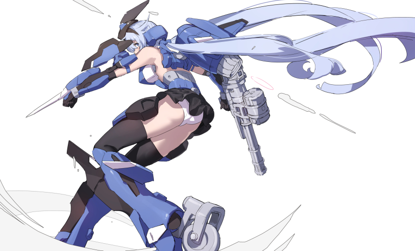 1girl adapted_turret armor armored_bodysuit armored_gloves armored_legwear ass bare_shoulders black_gloves black_skirt black_thighhighs blue_armor blue_eyes blue_hair dated frame_arms_girl gloves gun headgear highres huanxiang_huifeng long_hair machine_gun machinery mecha_musume panties pantyshot rigging skirt solo stylet thighhighs underwear very_long_hair weapon white_panties