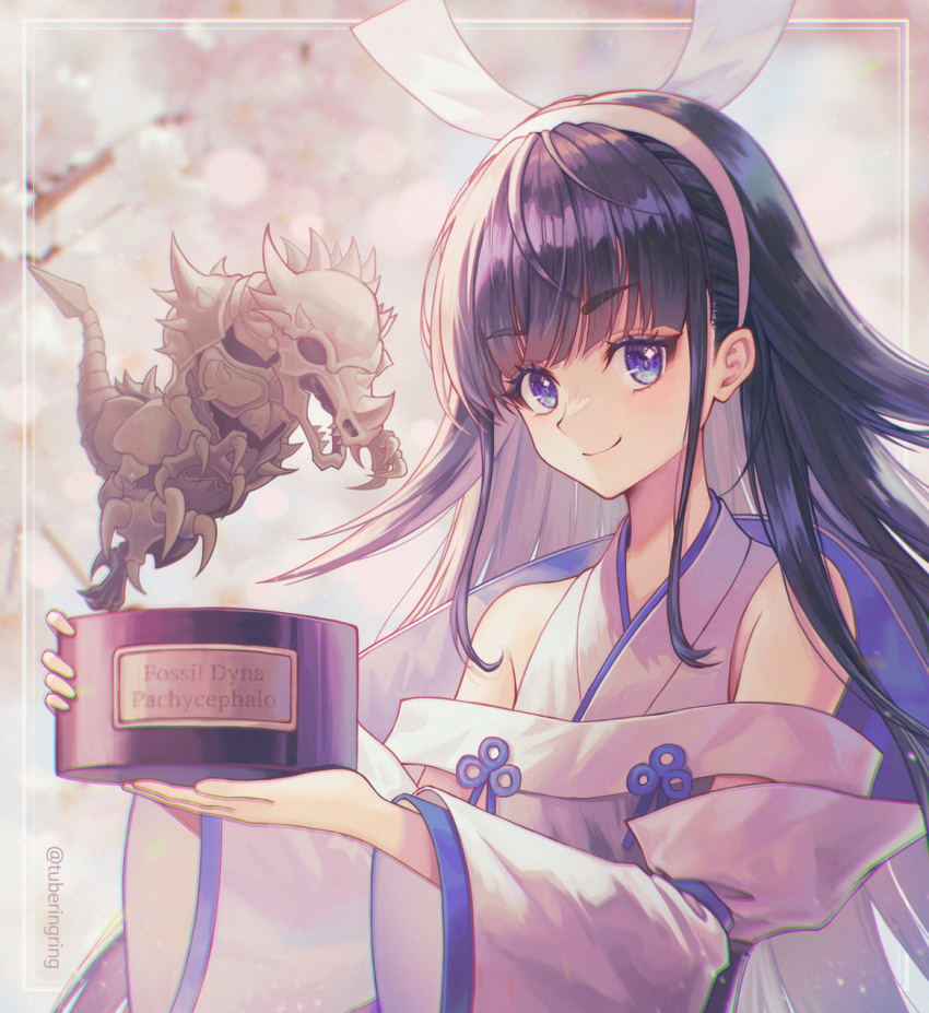 1girl black_hair blue_eyes character_name cherry_blossoms detached_sleeves duel_monster fossil_dyna_pachycephalo hairband highres holding holding_trophy japanese_clothes kimono looking_at_viewer nontraditional_miko portrait shinonome_the_vaylantz_priestess smile solo trophy tubering white_kimono yu-gi-oh! yu-gi-oh!_master_duel