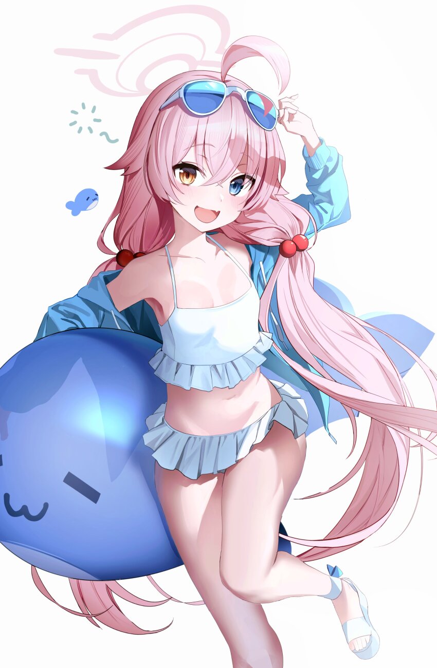 1girl absurdres arms_up bare_shoulders blue_archive blue_eyes commentary english_commentary heterochromia highres hoshino_(blue_archive) hoshino_(swimsuit)_(blue_archive) long_hair nagul navel pink_hair sandals swimsuit thighs yellow_eyes