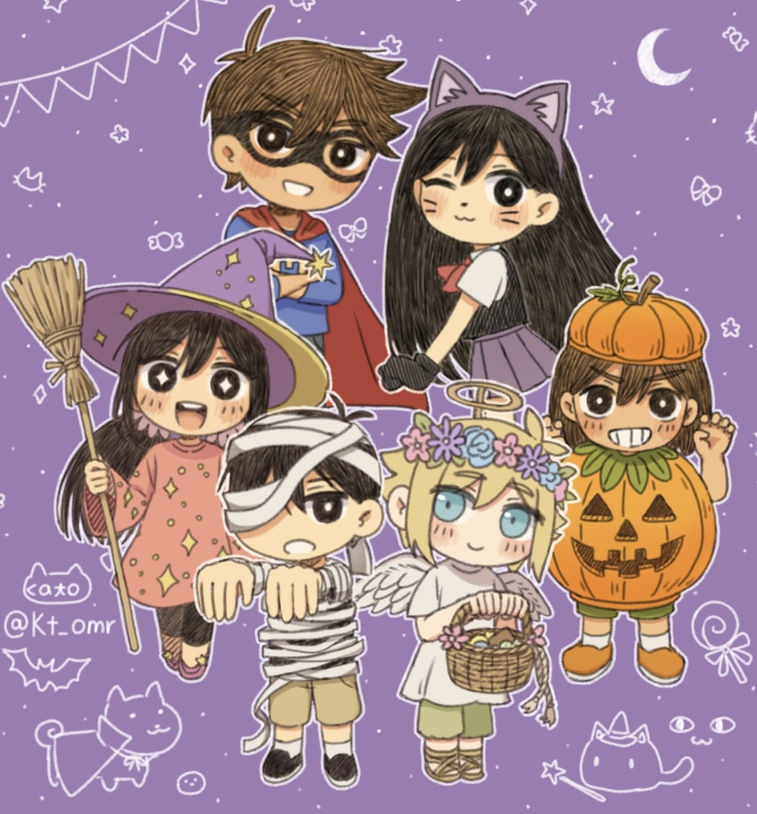 +_+ 2girls 4boys :3 alternate_eye_color angel_wings animal_ears arms_up aubrey_(faraway)_(omori) aubrey_(omori) basil_(faraway)_(omori) basil_(omori) basket black_eyes black_footwear black_hair black_shirt blonde_hair blue_eyes blue_shirt blush bright_pupils broom brown_footwear brown_hair brown_shorts cape cat_ears chibi chibi_only closed_mouth collared_shirt crossed_arms dark-skinned_male dark_skin domino_mask fake_animal_ears fake_halo fake_wings flower green_shorts grin hairband halloween_costume halo hat head_wreath hector_(omori) hero_(faraway)_(omori) hero_(omori) highres holding holding_basket holding_broom kato_(momota_rosan) kel_(faraway)_(omori) kel_(omori) long_hair long_sleeves looking_at_viewer mari_(faraway)_(omori) mari_(omori) mask mewo multiple_boys multiple_girls neckerchief omori one_eye_closed open_mouth orange_shoes parted_lips pleated_skirt purple_hat purple_skirt red_cape red_neckerchief sandals shirt shoes short_hair short_sleeves shorts skirt smile sneakers socks sunny_(omori) teeth twitter_username white_pupils white_shirt white_socks wings witch_hat