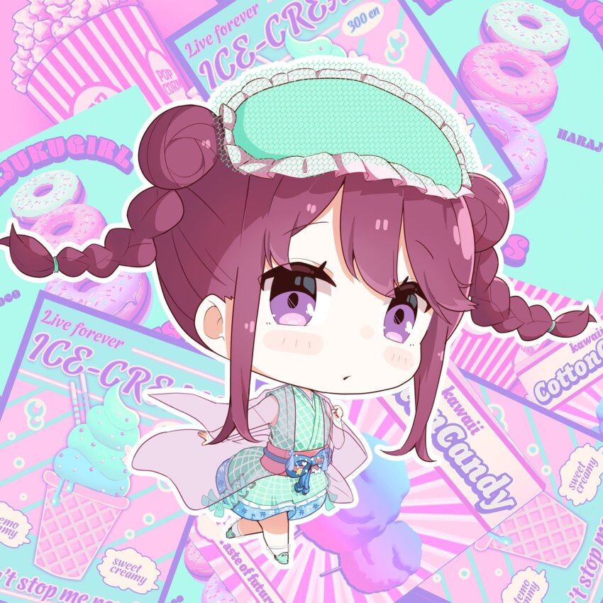 1girl blue_kimono blush braid chibi denonbu double_bun frills full_body hair_bun highres inubousaki_shian japanese_clothes kimono long_hair looking_at_viewer obi official_alternate_costume official_art purin_a_la_mode_(popup) purple_eyes sash short_kimono sidelocks sleep_mask sleeveless sleeveless_kimono solo twin_braids