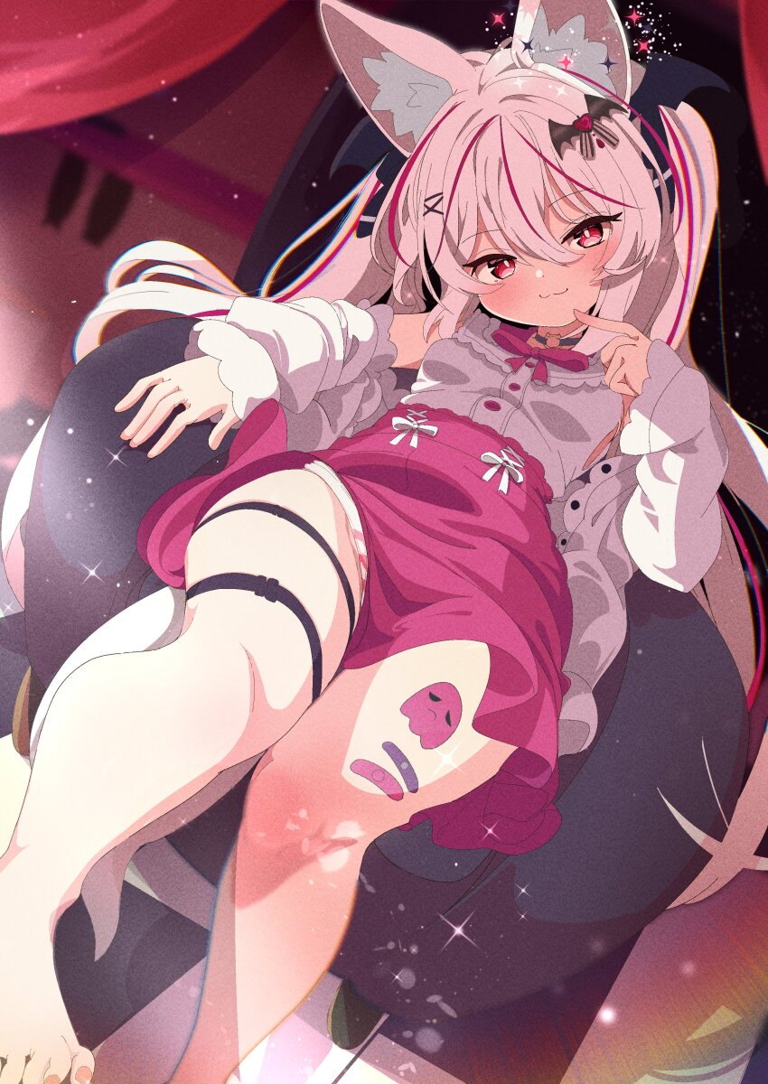 1girl :3 absurdres animal_ear_fluff animal_ears barefoot bat_hair_ornament blush breasts chair closed_mouth feet foot_out_of_frame fox_ears fox_girl fox_tail hair_between_eyes hair_ornament high-waist_skirt highres jacket karin_(vrchat) leg_tattoo legs long_hair long_sleeves looking_at_viewer mashirokuro multicolored_hair panties pantyshot pink_eyes pink_hair pink_skirt red_eyes shiro9jira shirt sitting skirt sleeveless sleeveless_shirt small_breasts smile smug solo streaked_hair striped_clothes striped_panties tail tattoo thigh_strap thighs toenails toes twintails underwear very_long_hair vrchat white_hair white_jacket white_panties white_shirt