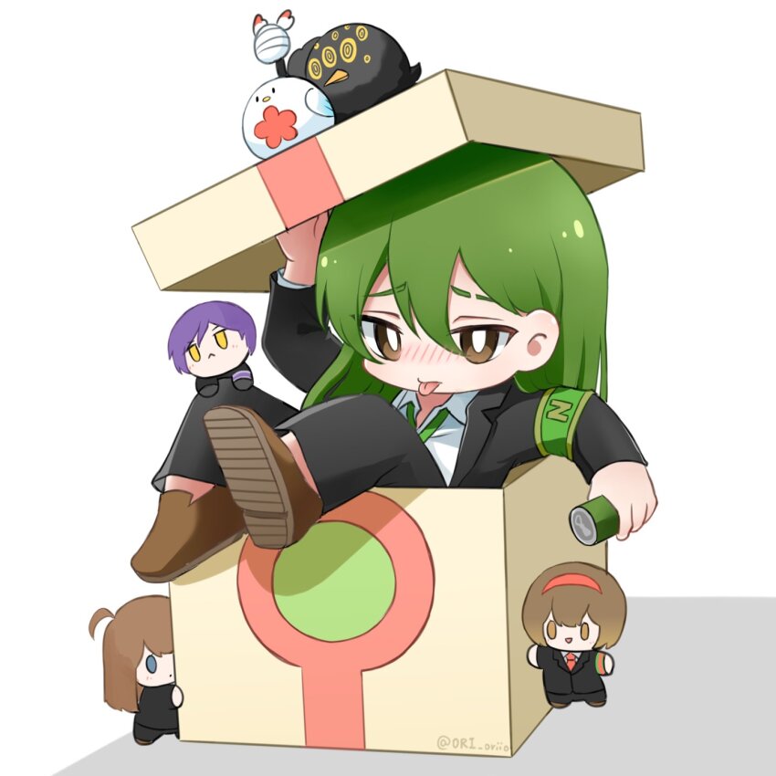 2boys 2girls :&lt; :d :p ahoge arm_up armband big_bird_(project_moon) black_pants black_suit blue_eyes blush box brown_eyes brown_hair brown_shoes can chibi dress_shirt drunk enkephalin_(project_moon) eyebrow_cut formal_clothes green_armband green_hair green_necktie hairband highres hod_(project_moon) holding holding_can in_box in_container judgement_bird lapels lobotomy_corporation long_hair looking_at_viewer malkuth_(project_moon) mini_person miniboy minigirl multiple_boys multiple_girls necktie netzach_(project_moon) open_mouth ori_oriio pants project_moon punishing_bird raised_inner_eyebrows reclining red_necktie shirt shoes simple_background sitting sitting_on_another&#039;s_knee smile suit tongue tongue_out white_background white_shirt yellow_eyes yesod_(project_moon)