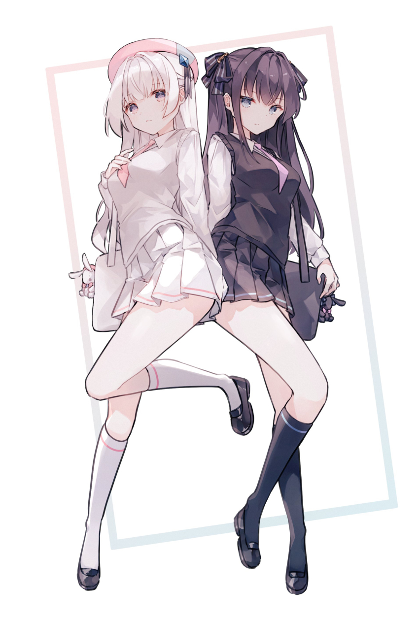 2girls absurdres alternate_costume arcaea bag bag_charm beret black_bag black_bow black_hair black_shoes black_skirt black_socks black_sweater_vest blue_eyes bow breasts charm_(object) closed_mouth collared_shirt full_body hair_bow hat highres hikari_(arcaea) kneehighs long_hair long_sleeves looking_at_viewer medium_breasts miniskirt miyu_(miy_u1308) multiple_girls necktie pink_hat pink_necktie pleated_skirt purple_eyes purple_necktie school_bag school_uniform shirt shoes shoulder_bag skirt socks standing standing_on_one_leg straight_hair sweater_vest tairitsu_(arcaea) white_background white_bag white_hair white_shirt white_skirt white_socks white_sweater_vest