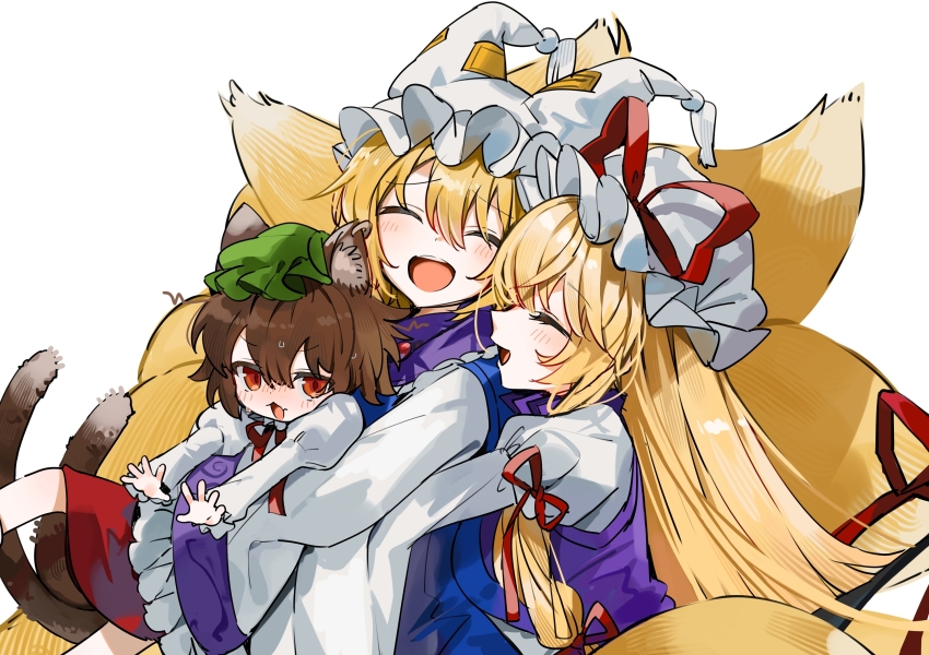 3girls :d ^_^ animal_ear_fluff animal_ears animal_hat blonde_hair blue_tabard blush brown_hair cat_ears cat_girl cat_tail chen closed_eyes dress fang fox_tail gotou_(nekocat) green_hat hair_between_eyes hair_ribbon hat hat_ribbon highres hug juliet_sleeves kitsune kyuubi long_hair long_sleeves mob_cap multiple_girls multiple_tails neck_ribbon open_mouth puffy_sleeves purple_tabard red_eyes red_ribbon red_skirt ribbon short_hair simple_background skin_fang skirt smile tabard tail third-party_source touhou two_tails very_long_hair white_background white_dress white_hat wide_sleeves yakumo_ran yakumo_yukari