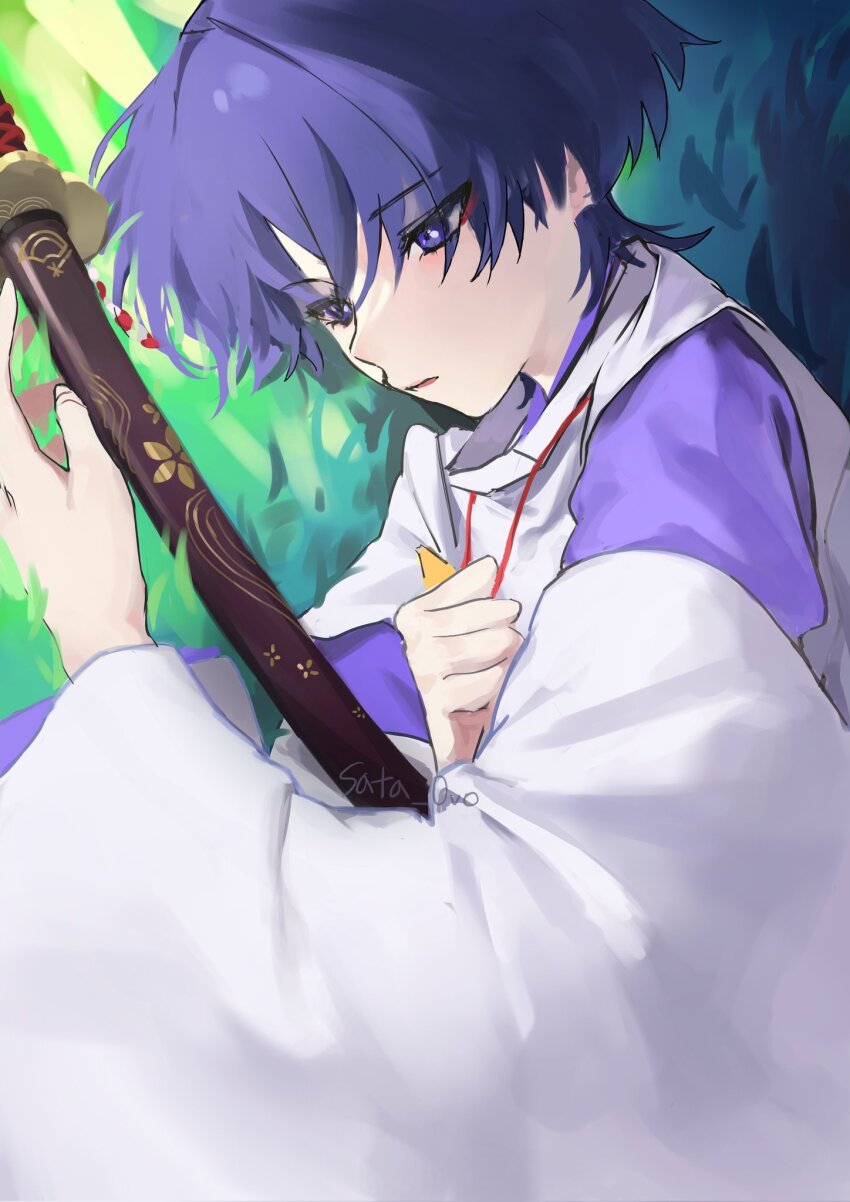 1boy clenched_hand clothing_cutout clutching_chest eyelashes eyeliner fingernails floral_print genshin_impact half-closed_eyes highres japanese_clothes kariginu katana layered_sleeves looking_at_object looking_to_the_side lying makeup male_focus on_grass on_side open_mouth purple_eyes purple_hair purple_sleeves red_eyeliner red_eyes sata_0vo scaramouche_(genshin_impact) scaramouche_(kabukimono)_(genshin_impact) sheath sheathed shoulder_cutout solo string sword tsurime twitter_username upper_body weapon white_sleeves wide_sleeves