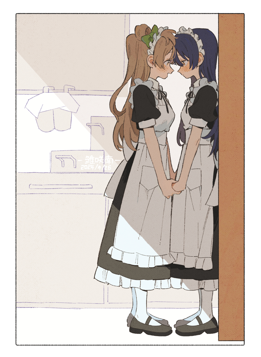 2girls apron black_dress black_shoes blue_hair blush brown_hair closed_mouth commentary_request dress eye_contact forehead-to-forehead heads_together highres holding_hands indoors kitchen long_hair looking_at_another love_live! love_live!_school_idol_project maid maid_apron maid_headdress mary_janes minami_kotori minamip multiple_girls open_mouth shade shoes short_sleeves smile socks sonoda_umi white_apron white_socks yuri