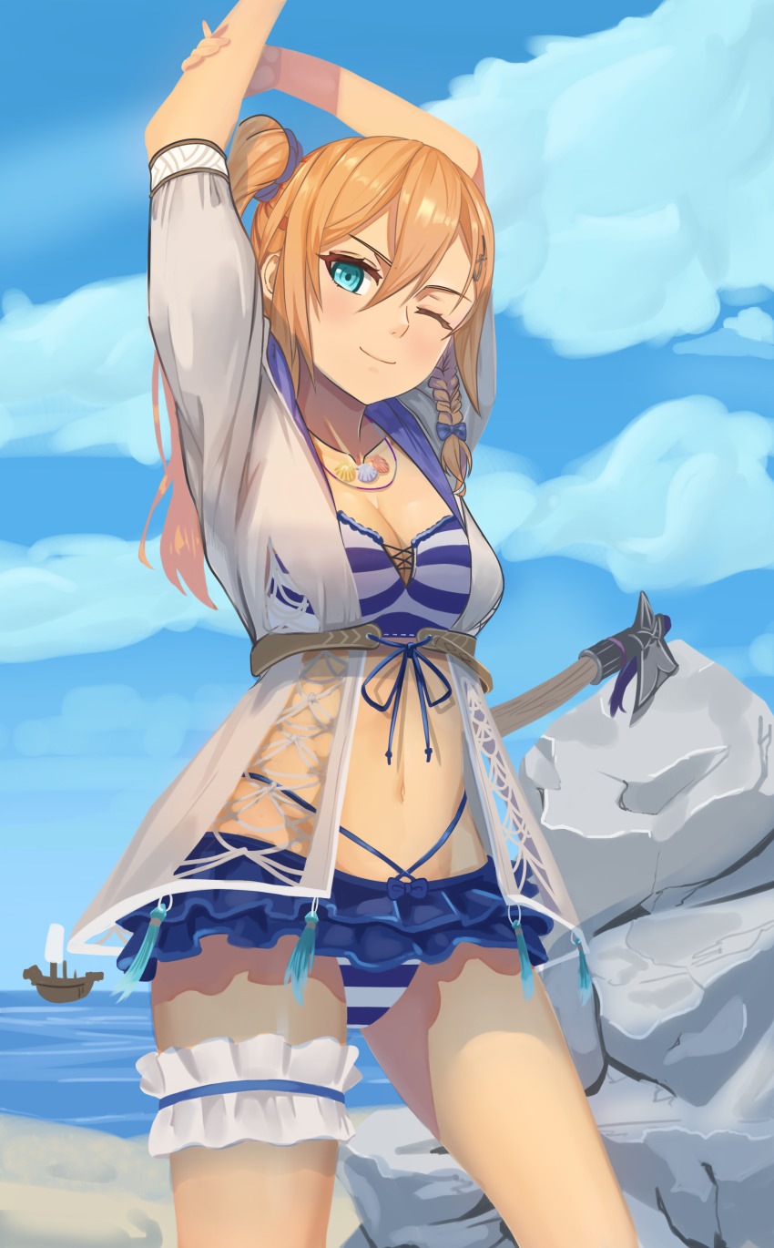 1girl ;) absurdres arms_up axe beach bikini blonde_hair blue_bikini blue_eyes blue_sky braid breasts cleavage cloud collarbone commentary day double-parted_bangs frilled_bikini frills groin hair_between_eyes hair_ornament hairclip highres jacket jewelry karja_balta long_hair looking_at_viewer medium_breasts nanado27_7 navel necklace ocean official_alternate_costume one_eye_closed open_clothes open_jacket outdoors rock shell shell_necklace ship short_sleeves side_braid side_ponytail sidelocks sky smile solo standing stomach stretching striped_bikini striped_clothes swimsuit thigh_strap underbust vertical-striped_bikini vertical-striped_clothes water watercraft wet wet_clothes white_jacket ys ys_x_nordics
