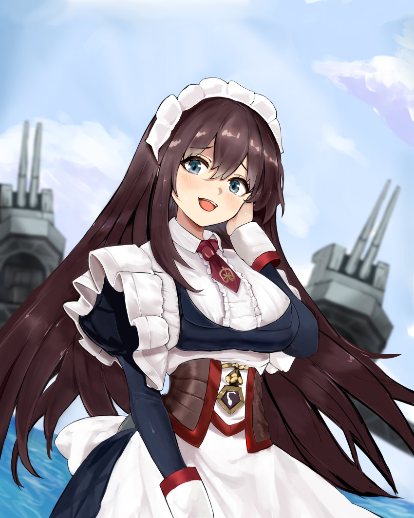 1girl absurdres apron azur_lane blue_eyes brown_hair center_frills commission curacoa_(azur_lane) dress dutch_angle frills highres juliet_sleeves kesseil long_hair long_sleeves maid_headdress necktie open_mouth outdoors pixiv_commission puffy_sleeves red_necktie rigging short_necktie solo teeth upper_teeth_only water white_apron white_dress