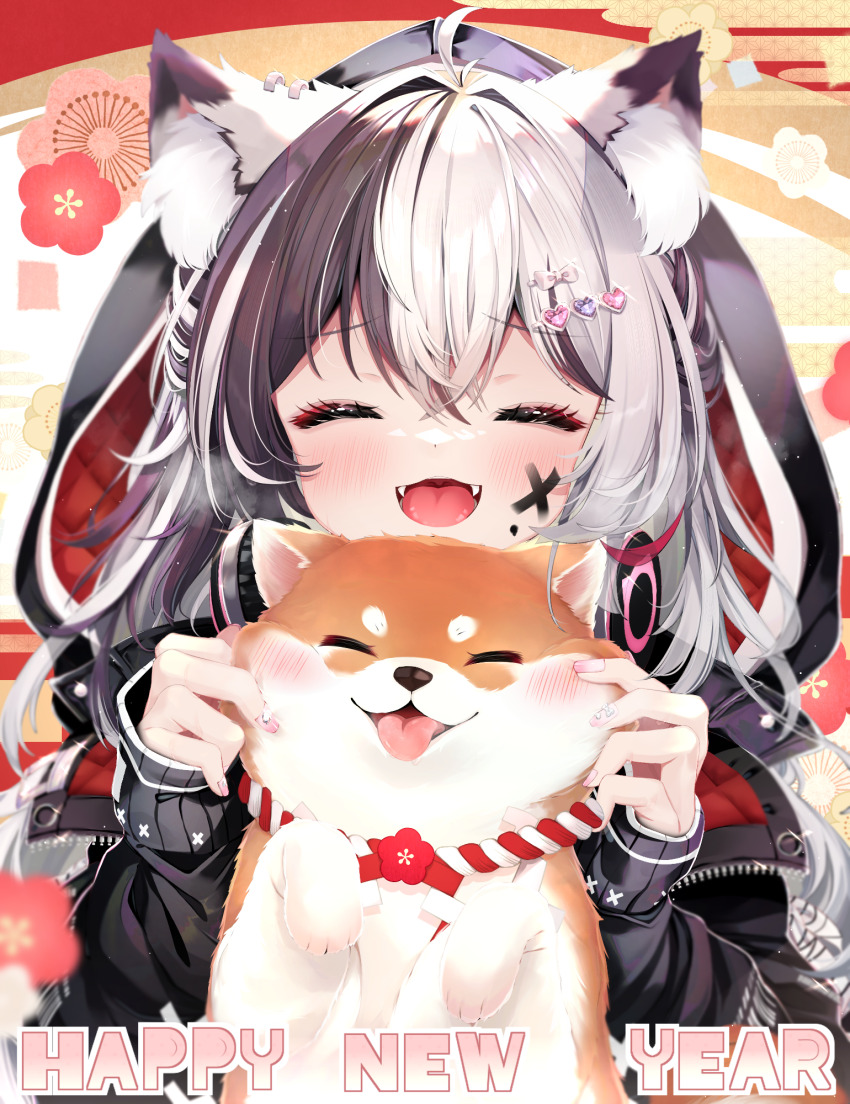 1girl :d ^_^ amane_shiira animal animal_ear_fluff animal_ears black_hair black_jacket blush cat_ears cat_girl cheek_pinching cheek_pull closed_eyes dog facing_viewer fangs happy_new_year headphones headphones_around_neck highres hood hood_up hooded_jacket indie_virtual_youtuber jacket kouhaku_nawa long_hair long_sleeves multicolored_hair new_year open_mouth paid_reward_available pinching rope shiba_inu shiira_(nya_rl) shimenawa smile tongue tongue_out two-tone_hair virtual_youtuber white_hair
