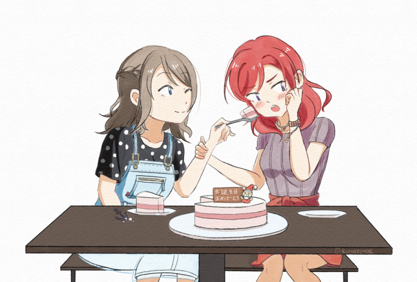 2girls anchor_symbol artist_name artist_request birthday_cake blue_eyes blush breasts brown_hair cake cake_decoration clothes_around_waist feeding female_focus food hair_between_eyes highres jewelry japanese_text kumazenge love_live! love_live!_school_idol_project love_live!_sunshine!! medium_breasts multiple_girls necklace nishikino_maki one_eye_closed overall_skirt polka_dot purple_eyes red_hair shirt shirt_around_waist short_hair watanabe_you zipper
