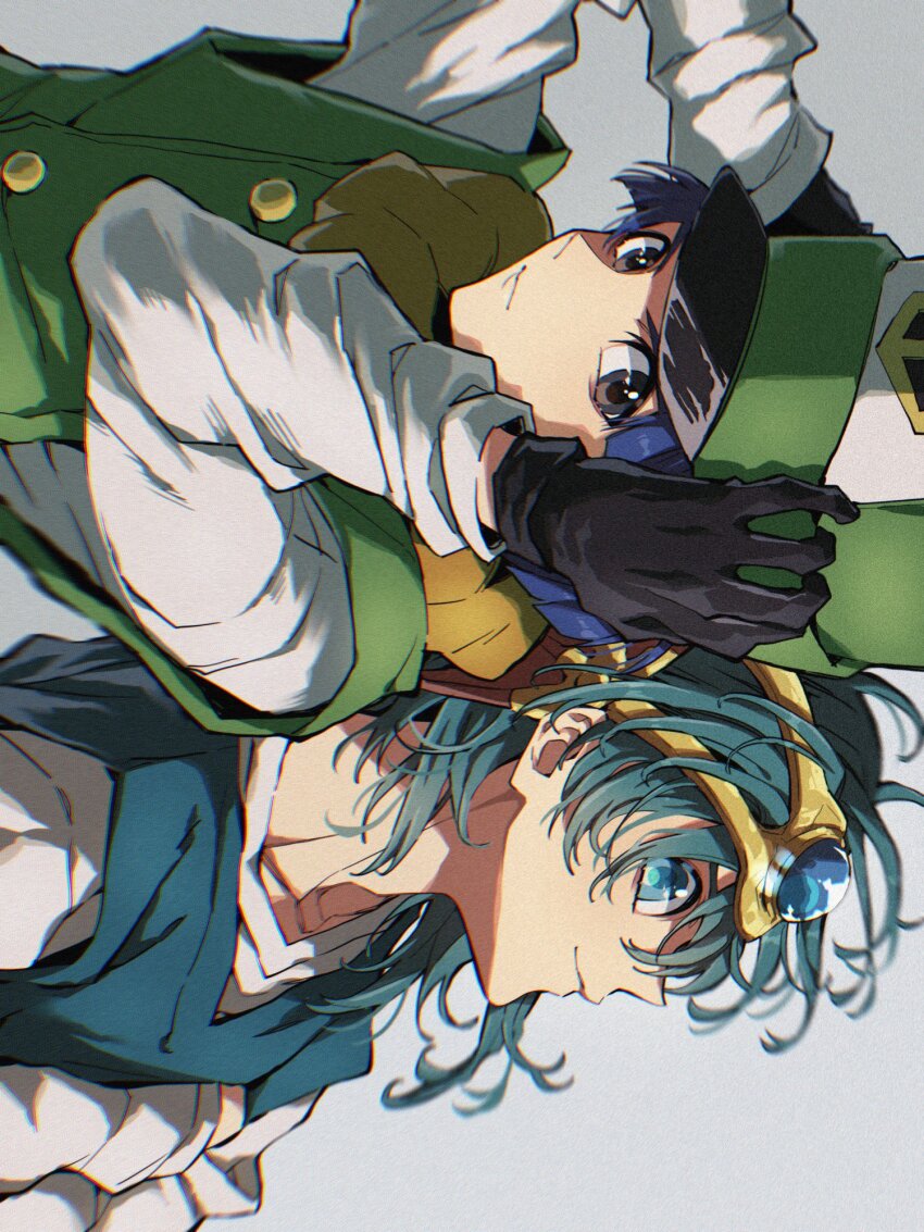 2boys adjusting_clothes adjusting_headwear aqua_eyes aqua_hair aqua_tunic back-to-back black_eyes black_gloves blue_hair blunt_ends clift closed_mouth commentary_request crossed_arms dragon_quest dragon_quest_iv floating_hair gloves gold_headdress hat hero_(dq4) highres lapi267sc looking_at_viewer male_focus medium_hair mitre multiple_boys profile shirt short_hair sideways tunic upper_body white_background white_shirt