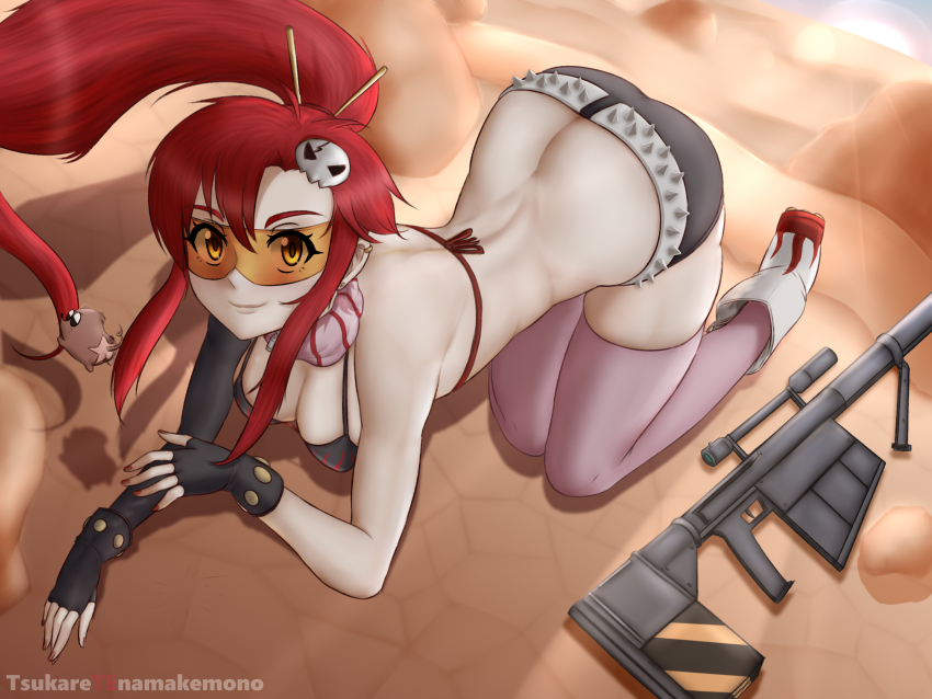 1girl absurdres all_fours anti-materiel_rifle ass asymmetrical_gloves belt bikini bikini_top_only black_gloves black_shorts boota_(ttgl) boots breasts butt_crack cleavage closed_mouth desert ear_piercing earrings elbow_gloves fingerless_gloves flame_print floating_hair full_body gloves goggles gun hair_ornament high_ponytail highres jewelry large_breasts long_hair looking_at_viewer mixed-language_commentary outdoors piercing pink_thighhighs ponytail red_hair red_nails rifle sand scarf short_shorts shorts sidelocks single_elbow_glove skull_hair_ornament smile sniper_rifle spiked_belt swimsuit tengen_toppa_gurren_lagann thighhighs tsukare_(ttsukae) uneven_gloves very_long_hair weapon white_belt yellow_eyes yoko_littner