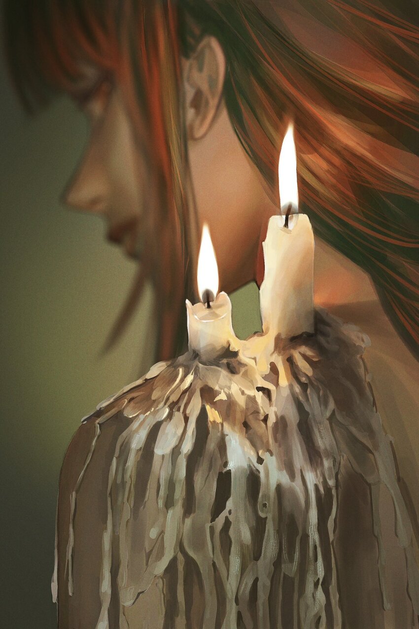 1girl bare_shoulders blurry blurry_background candle candle_wax candlelight chainsaw_man commentary fire highres lips makima_(chainsaw_man) nude orange_eyes portrait red_hair snowberryaki solo wax wax_play