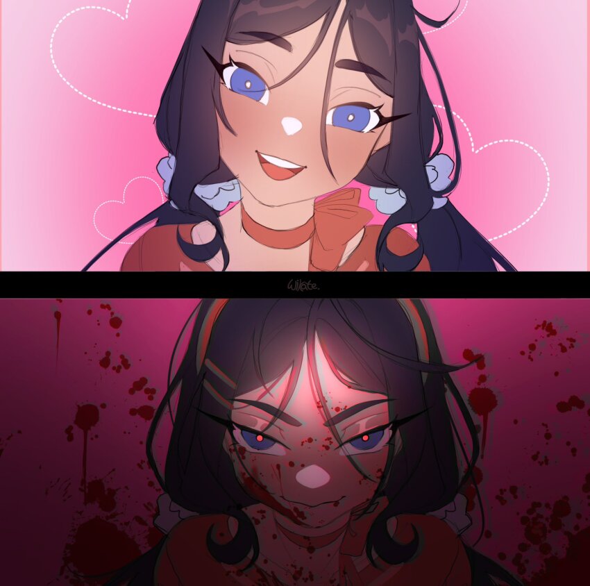 1girl black_hair blood blood_on_chest blood_on_face blood_splatter blue_eyes blue_scrunchie bow bow_choker bowtie bright_pupils choker closed_mouth collarbone crazy_mita_(miside) evil_smile eyelashes hair_between_eyes hair_ornament hair_scrunchie hairband hairclip happy head_tilt heart highres light_blush long_hair looking_at_viewer low_twintails meme miside mita_(miside) open_mouth pink_background red_bow red_bowtie red_choker red_hairband red_pupils red_shirt scrunchie sequential shirt signature smile squid_game straight-on teeth twintails upper_body upper_teeth_only wavy_mouth white_pupils wikate year_1_&amp;_year_2_(squid_game)_(meme)