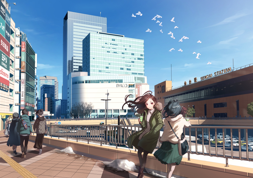 1boy 6+girls absurdres against_railing bag billboard bird black_hair blue_coat blue_sky bridge brown_footwear brown_hair brown_pants brown_skirt building car cityscape closed_mouth coat commentary crowd day drink drinking_straw green_coat green_skirt hair_bun hand_in_pocket highres holding holding_drink jacket lamppost long_hair looking_at_viewer michinoku_(hiking_miusan18) motor_vehicle multiple_girls original outdoors pants pedestrian_bridge pleated_skirt railing real_world_location red_eyes road scenery sendai_(city) short_hair shoulder_bag single_hair_bun skirt sky smile snow standing street sweater traffic_light tree turtleneck turtleneck_sweater white_jacket white_sweater